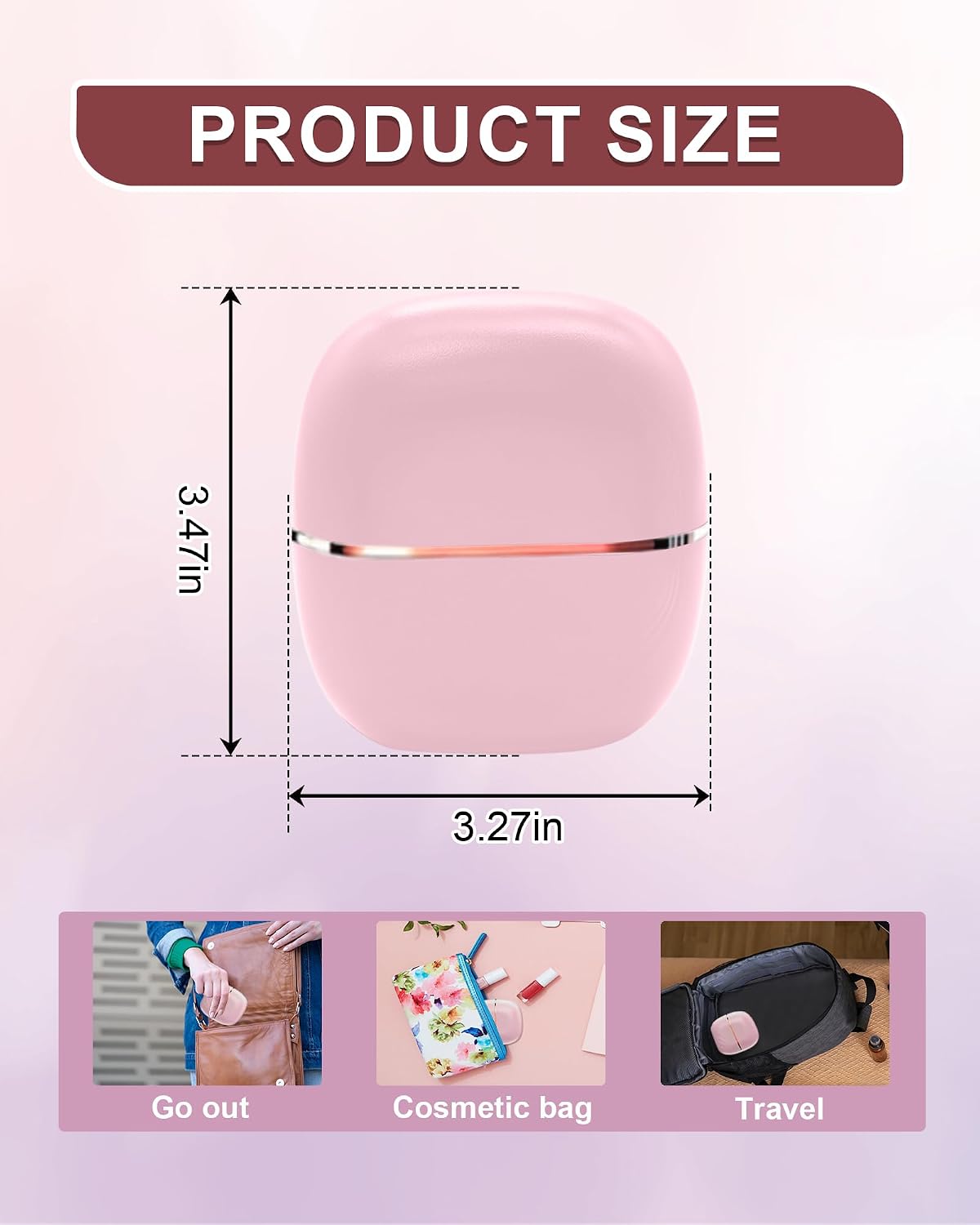 Product size 3.47 x 3.27 inches, fits in bag