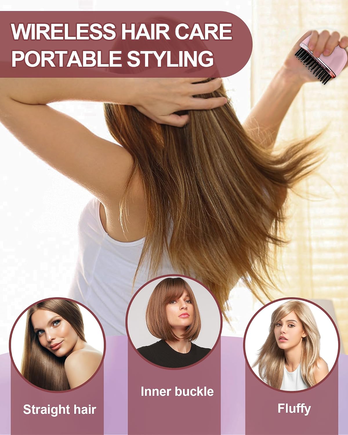 Wireless portable hair styling comb in use