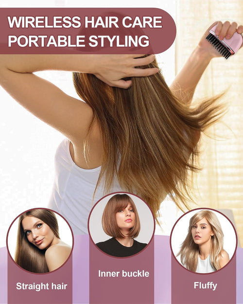 Wireless portable hair styling comb in use
